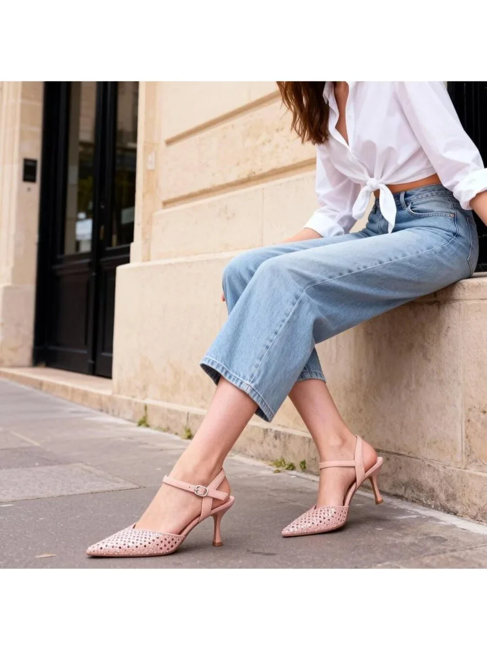 Womens Pink Rhinestone Slingback Kitten Pointed Toe Pump Low Stiletto Heel Shoes